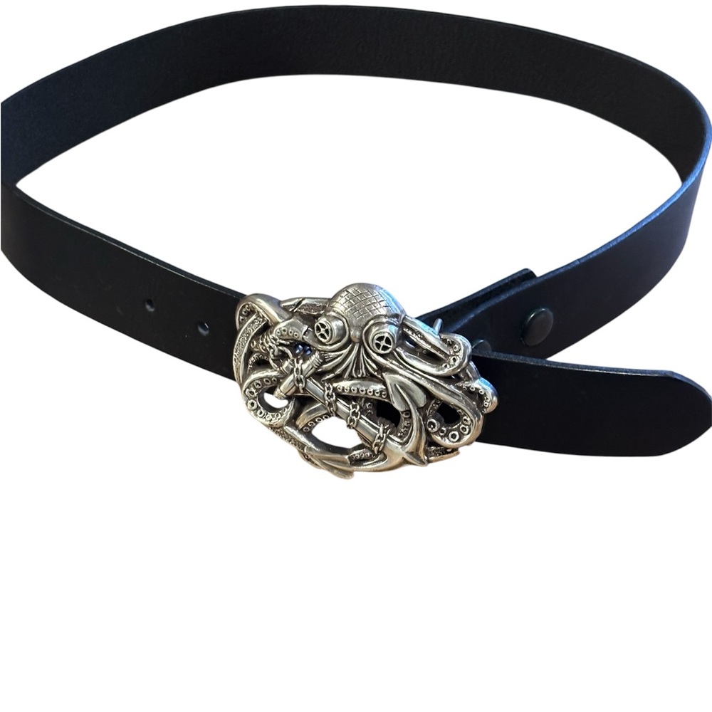 Black Leather Belt with Silver Octopus Buckle